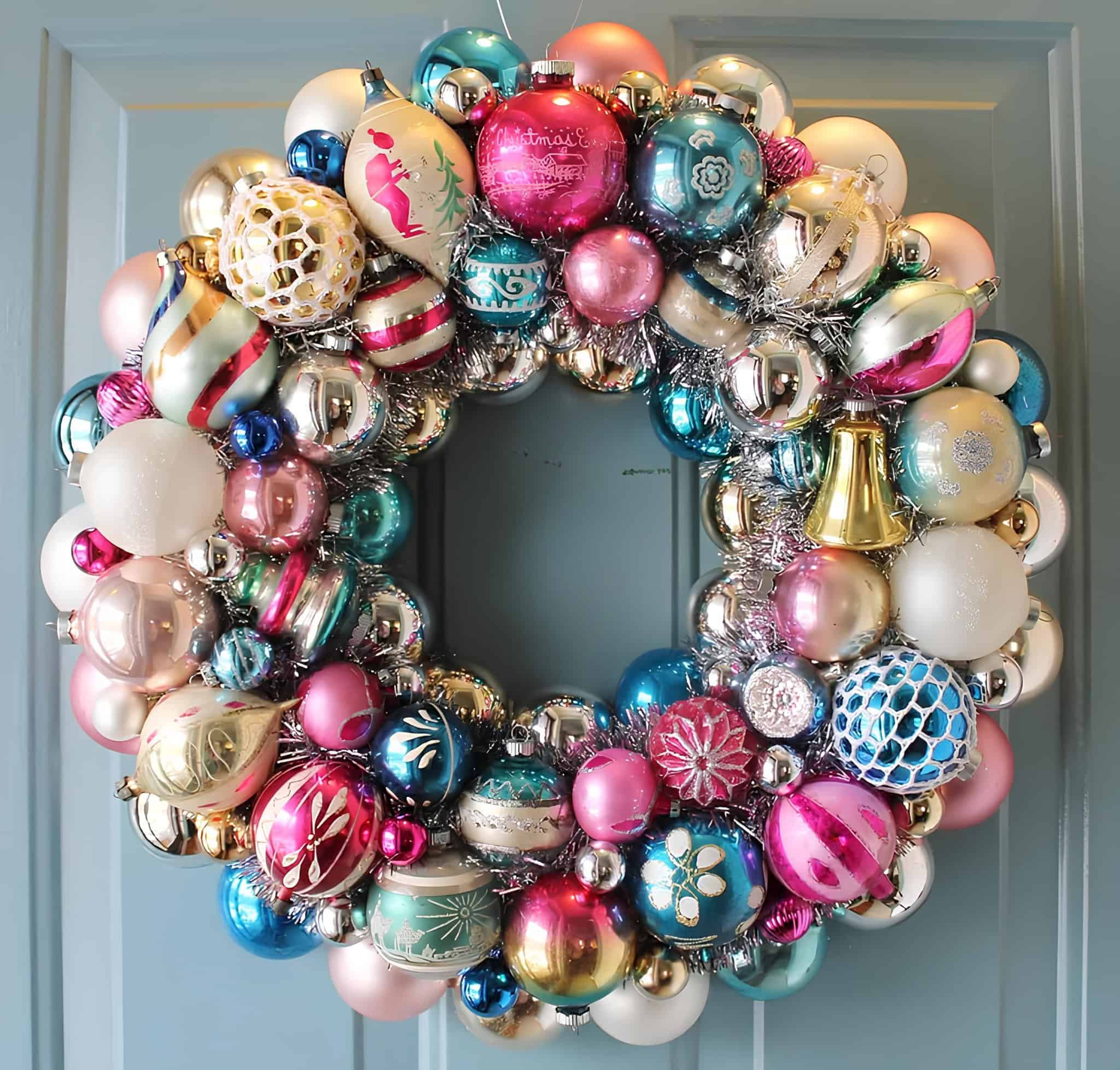 Vintage ornament Christmas wreath with colorful retro baubles