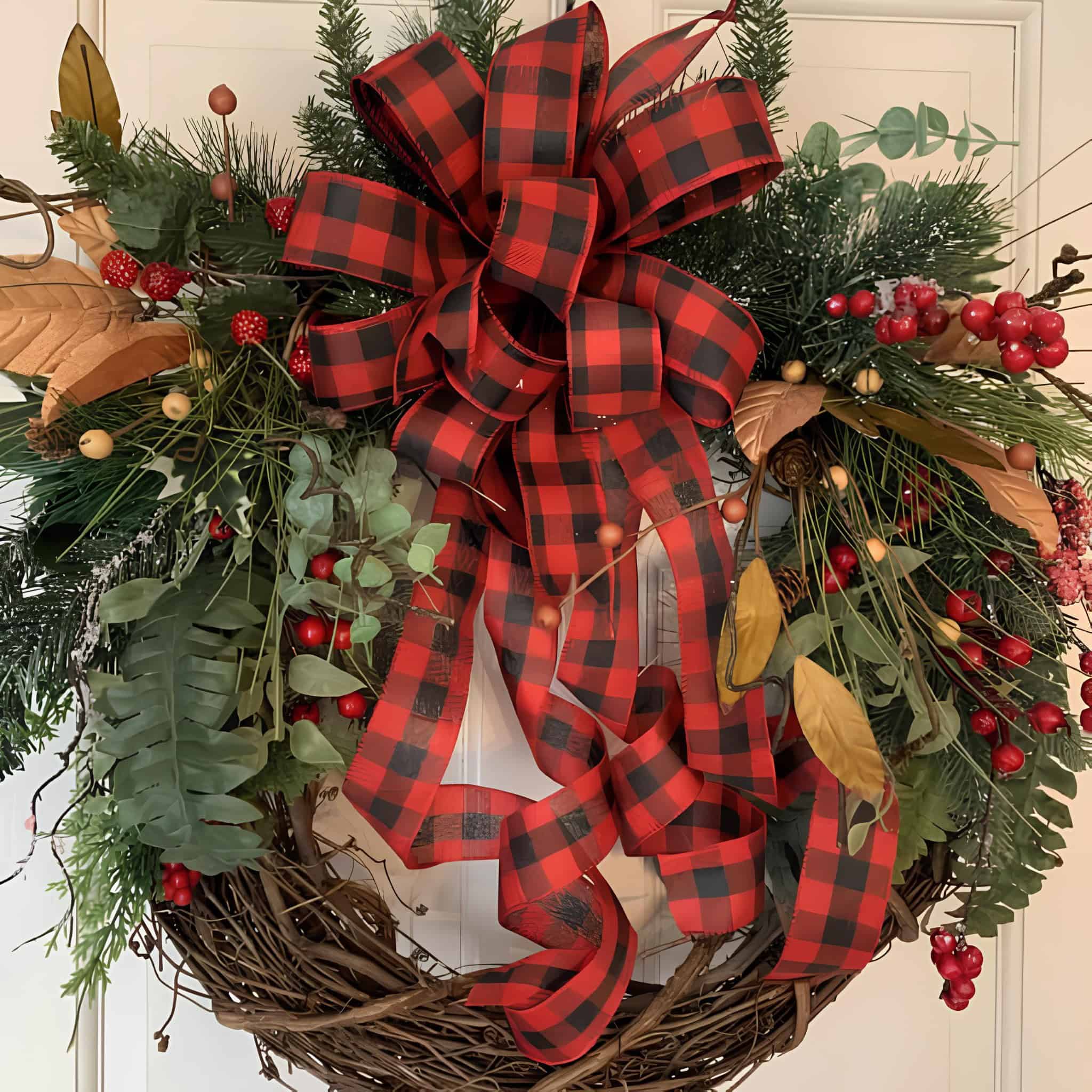 Bold wooden grapevine wreath with large buffalo plaid bow, red berries and magnolia leaves