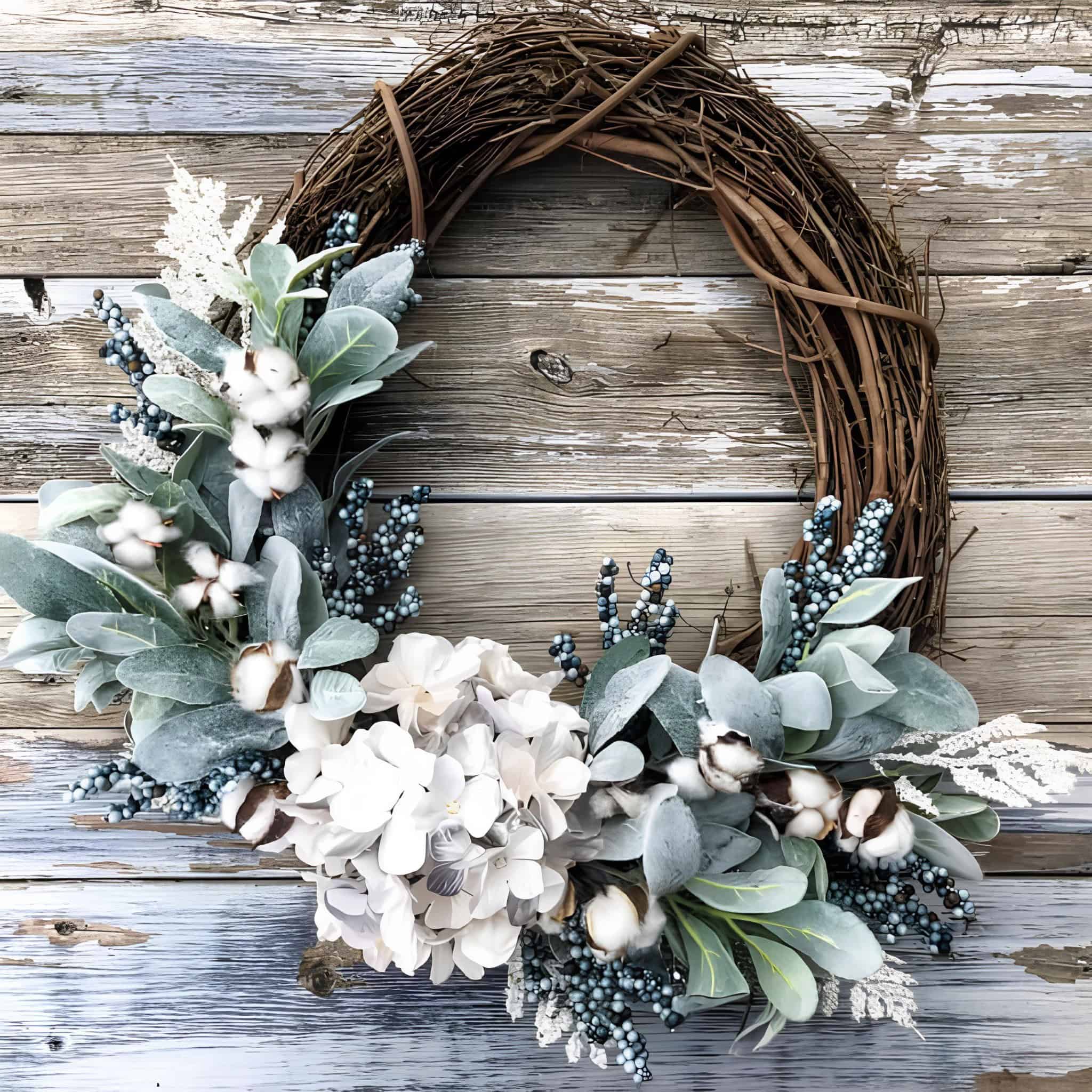 Rustic floral wreath with eucalyptus, cotton, and white roses on weathered wooden background, ideal for spring, summer, or rustic wedding decor.