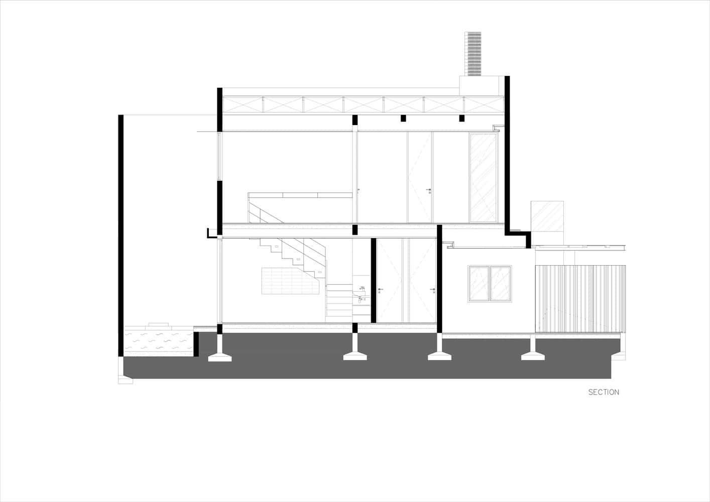 10º House by STUDIE, longitudinal section drawing, Jakarta, Indonesia