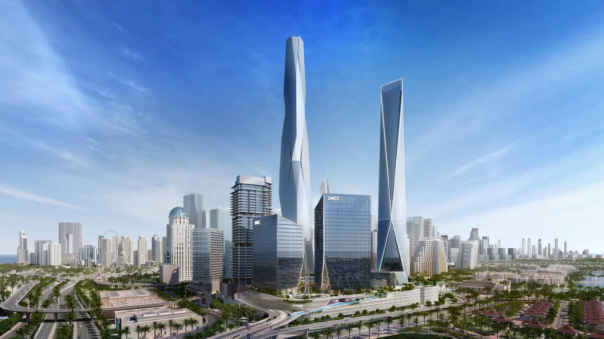 Ultra-modern skyscraper towers with futuristic architecture in a vibrant cityscape, featuring innovative building designs, sleek glass facades, and urban design elements for an impressive skyline.