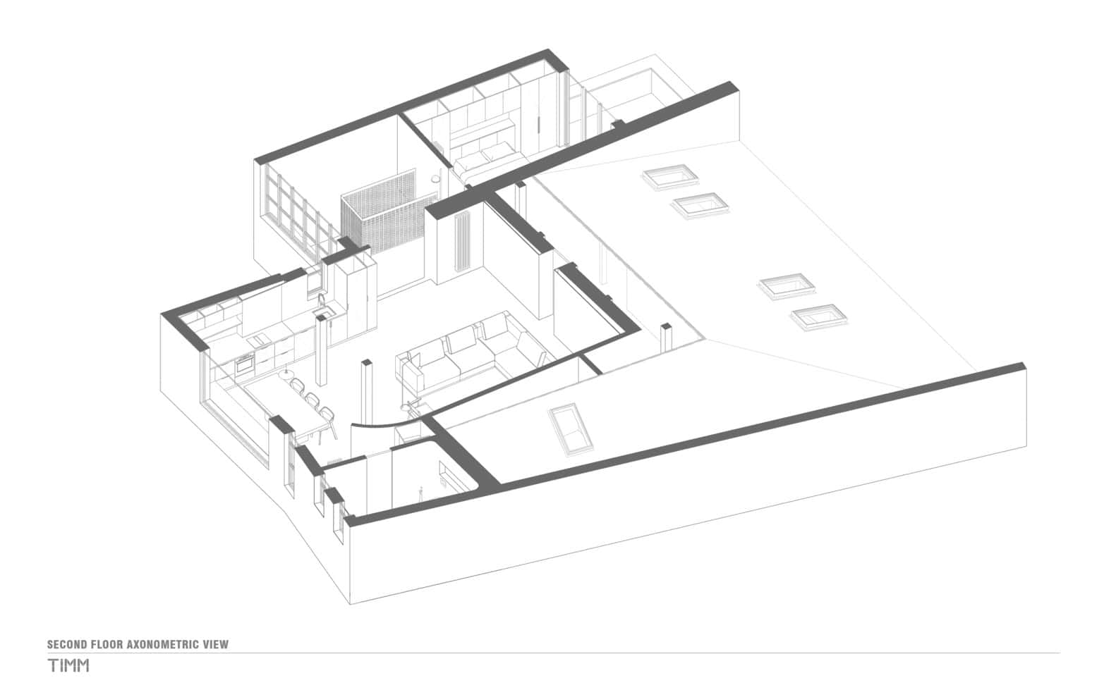 Birdsnest House Second Floor Axonometric View by TIMM Architecture Birdsnest House by TIMM Architecture, second floor axonometric diagram of interior layout, Tbilisi, Georgia