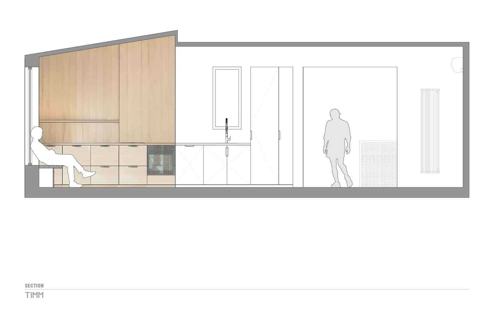 Birdsnest House Section Elevation by TIMM Architecture Birdsnest House by TIMM Architecture, section elevation drawing with kitchen and seating area, Tbilisi, Georgia