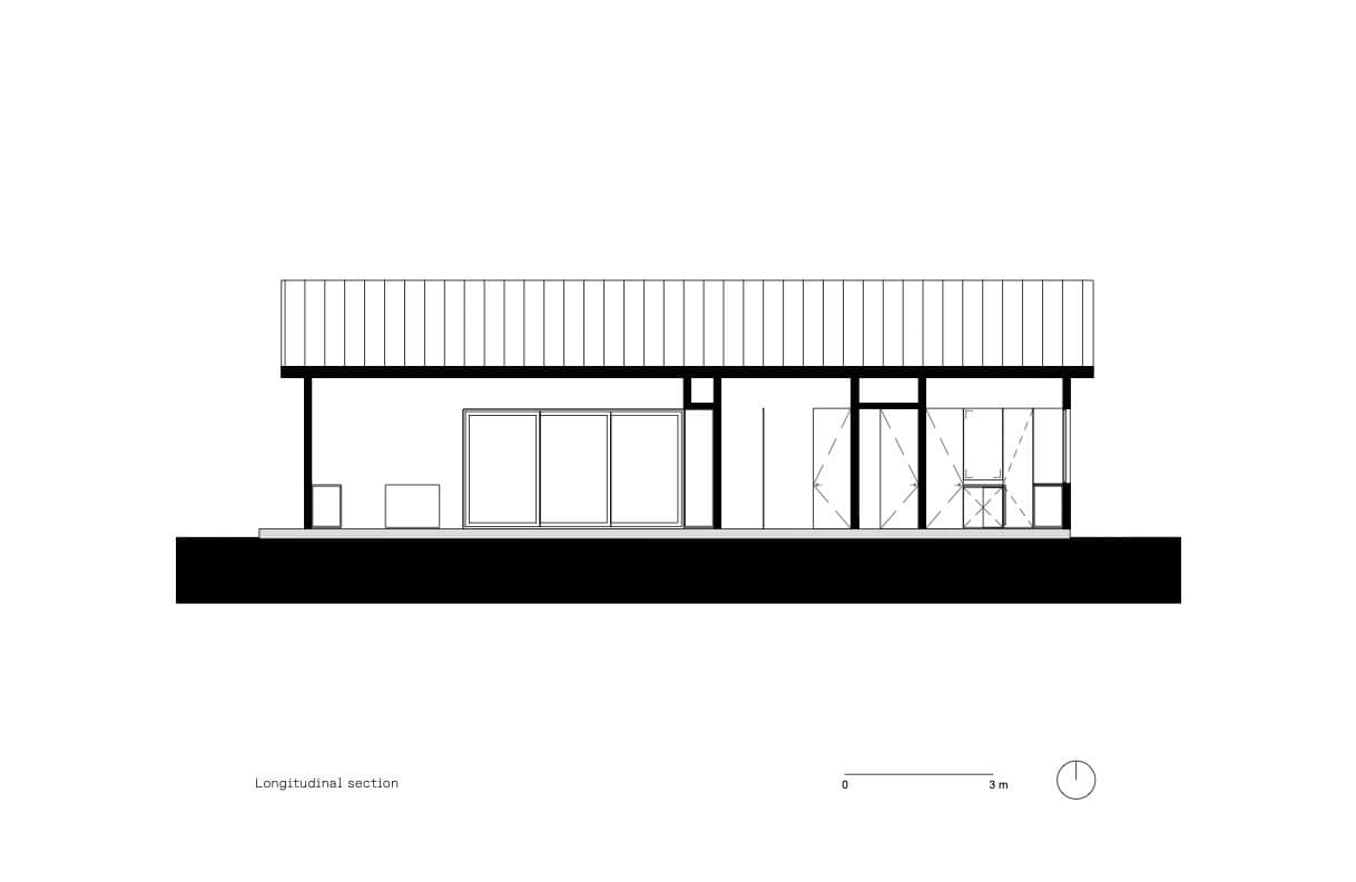 Simple architectural drawing of a modern house with a pitched roof and large sliding glass doors, illustrating contemporary house design and sectional views.