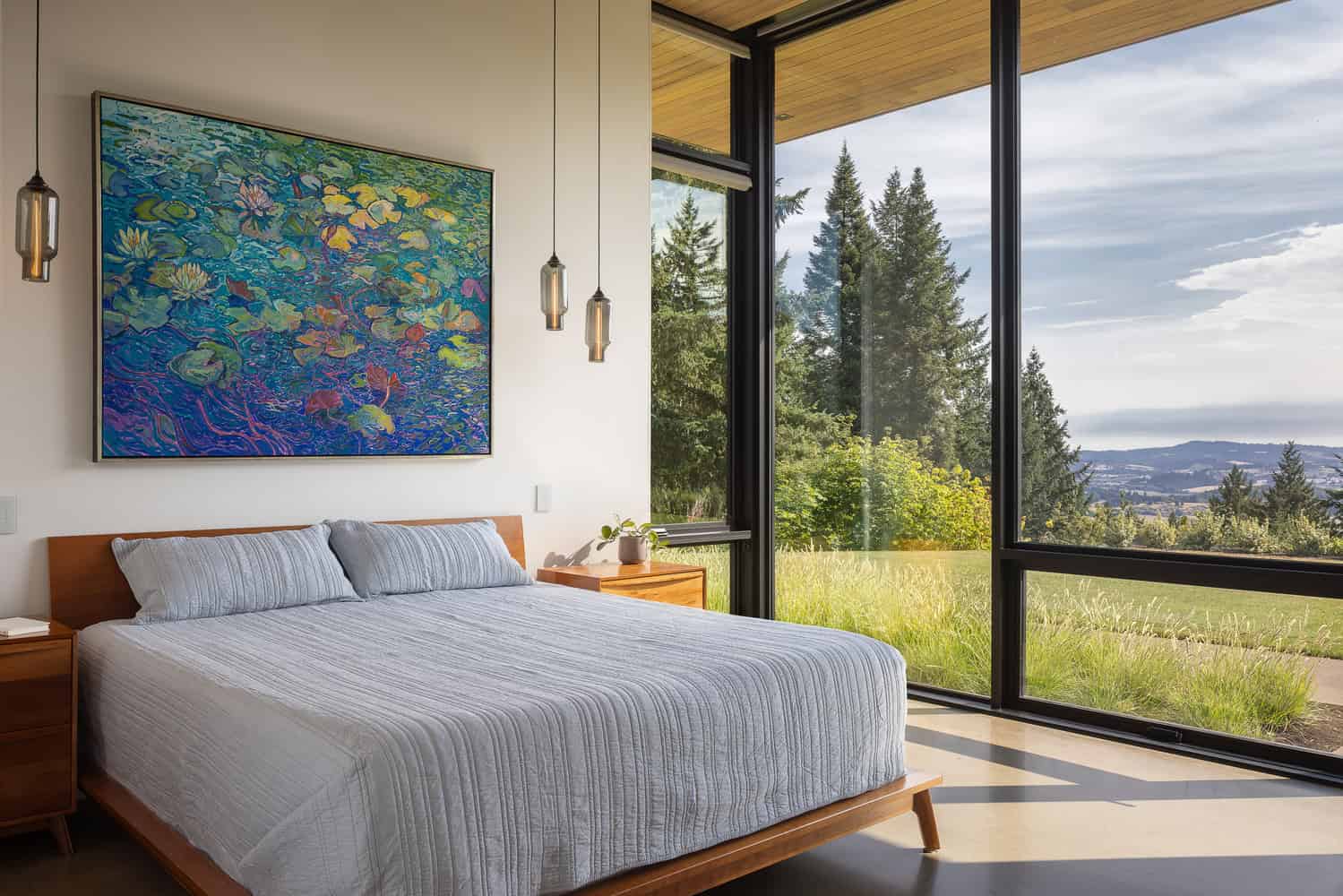 Evening Sky Residence by Scott I Edwards Architecture, bedroom interior with landscape view in McMinnville, Oregon, USA