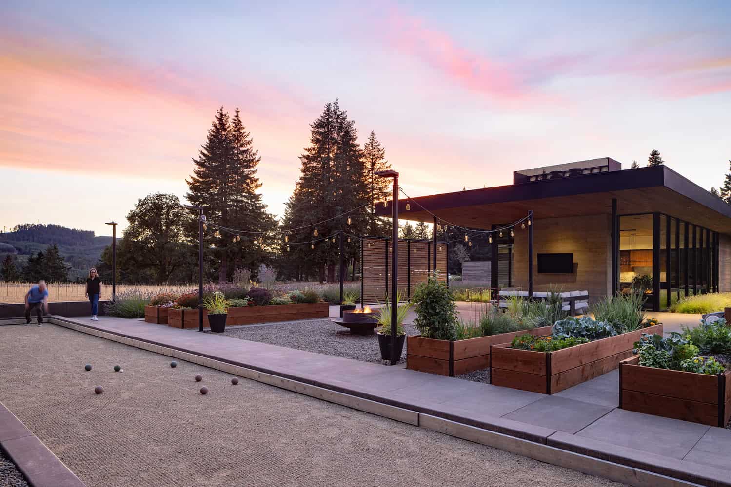 Evening Sky Residence by Scott I Edwards Architecture, bocce court and raised garden beds in McMinnville, Oregon, USA