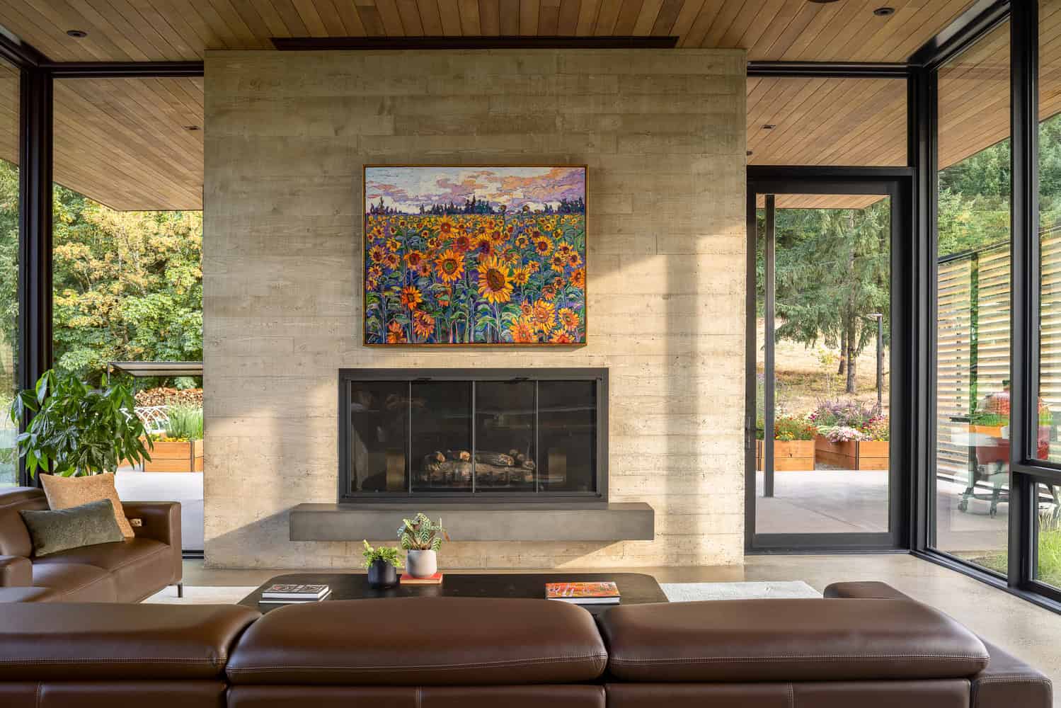 Evening Sky Residence by Scott I Edwards Architecture, living room fireplace with colorful artwork in McMinnville, Oregon, USA
