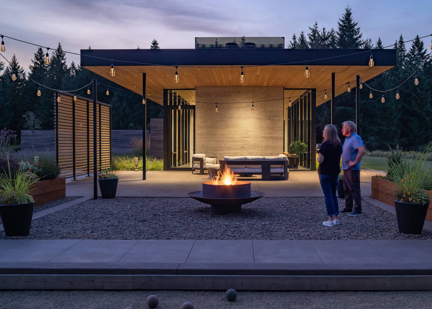 Evening Sky Residence by Scott I Edwards Architecture, outdoor living patio with firepit in McMinnville, Oregon, USA