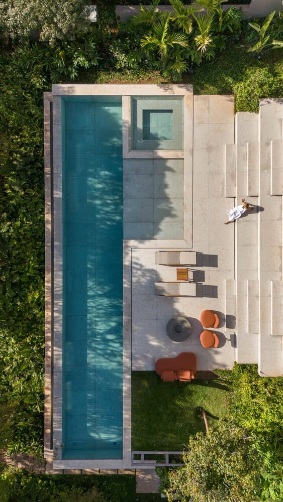 Aerial view of House AL pool terrace by N2B Arquitetura in Vila do Golfe, Brazil