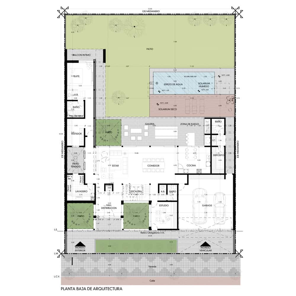 Spacious modern house architectural floor plan with outdoor pools, patio, garden, and living areas, showcasing contemporary design and efficient space utilization for luxurious living.