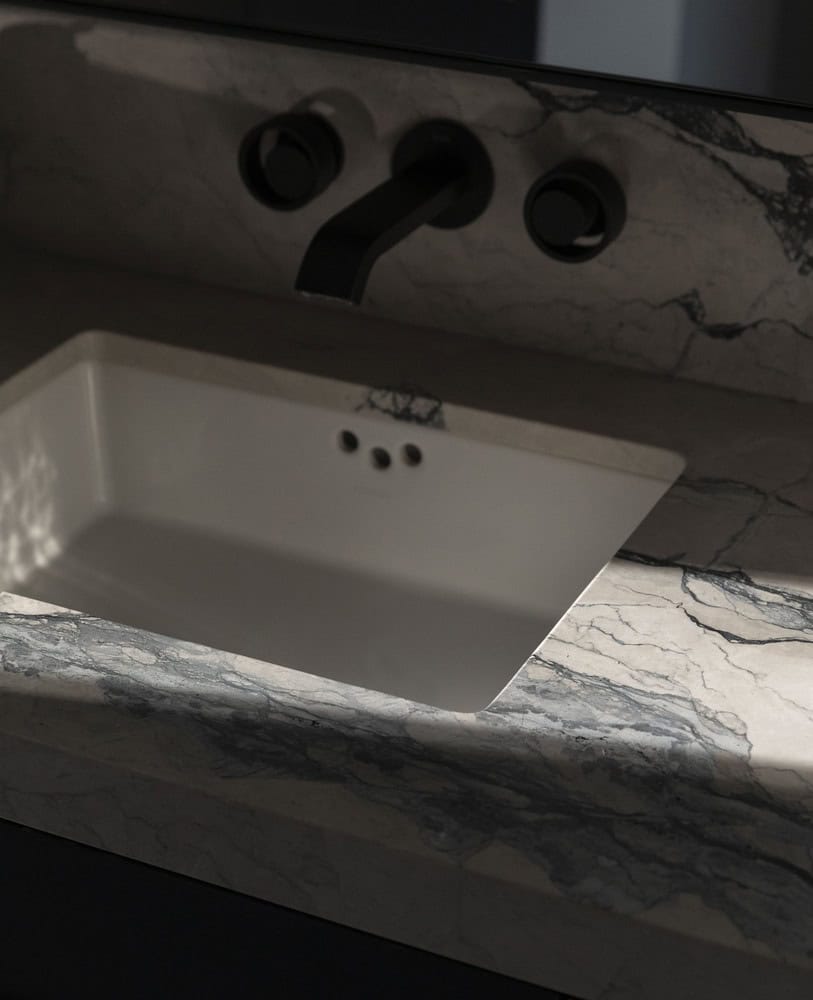 House in the Woods by Tom Lontine Architect, bathroom marble vanity and sink detail in Connecticut