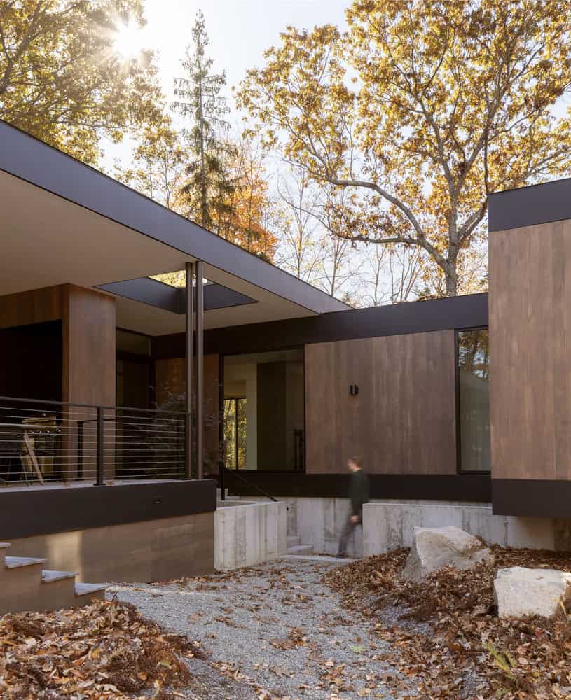 House in the Woods by Tom Lontine Architect, entry courtyard and canopy in Connecticut forest setting