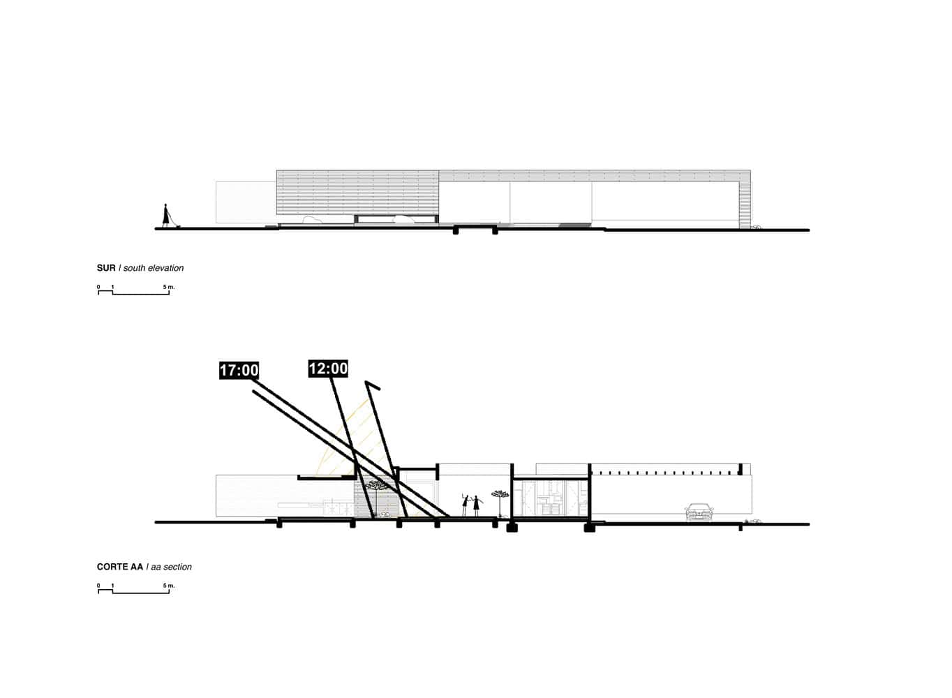 House La Primavera – south elevation and AA section, Chile