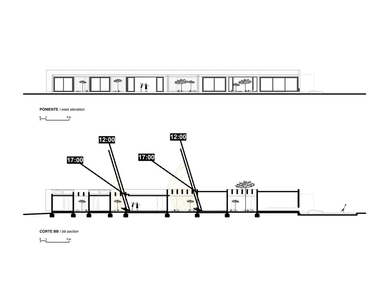 House La Primavera – west elevation and BB section, Chile