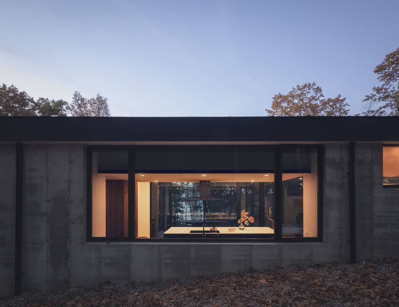 House in the Woods kitchen window framing forest view in Connecticut by Tom Lontine Architect