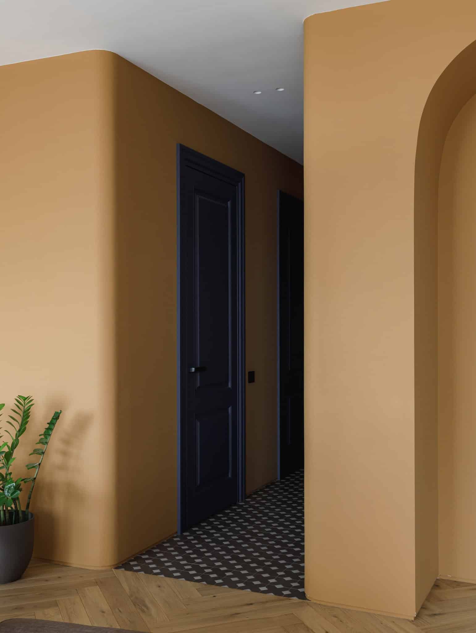 Lesoparkovy Apartment by STARIKOVA.ARCHITECTS hallway with mustard walls and dark doors in Chelyabinsk, Russia