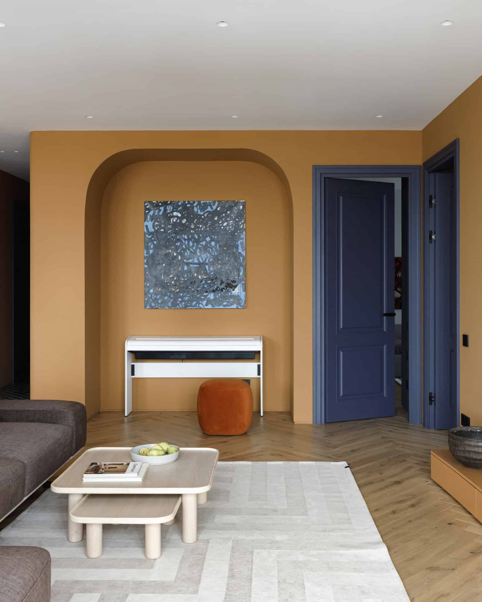 Lesoparkovy Apartment by STARIKOVA.ARCHITECTS light kitchen backsplash and round dining table in Chelyabinsk, Russia