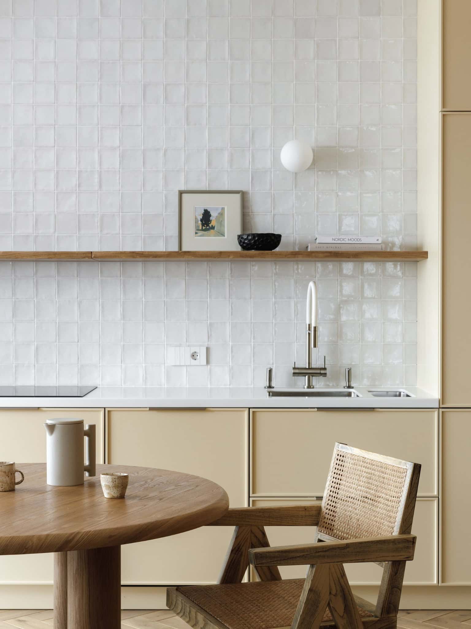 Lesoparkovy Apartment by STARIKOVA.ARCHITECTS kitchen cabinet with glass doors and potted plant in Chelyabinsk, Russia