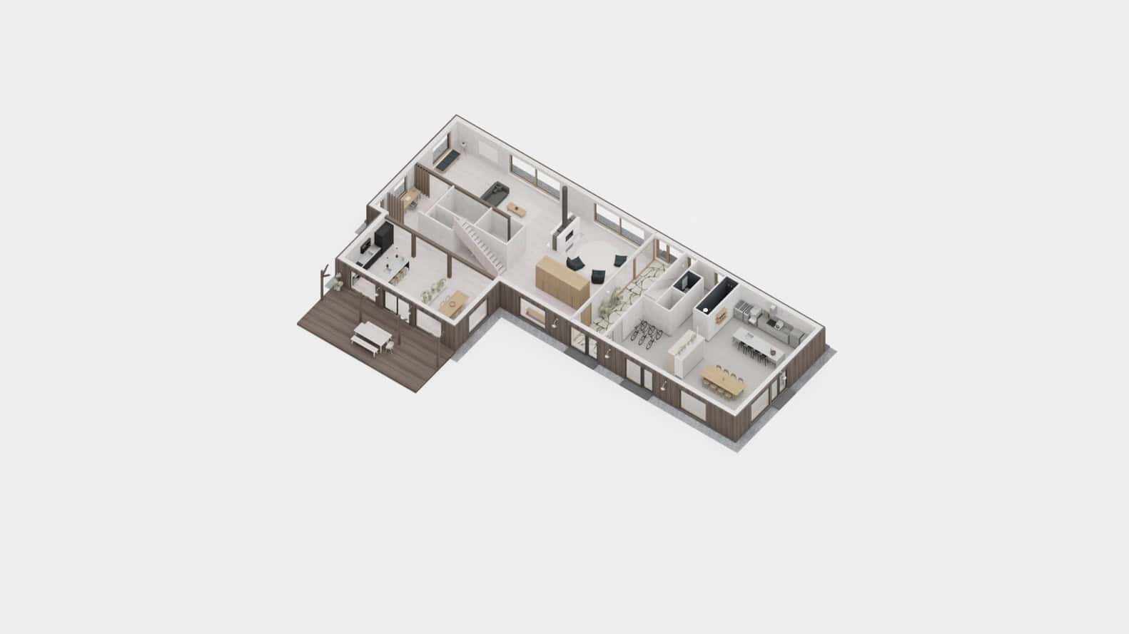 Maison Melba by Atelier L’Abri axonometric perspective showing open-plan living spaces in Frelighsburg, Quebec, Canada