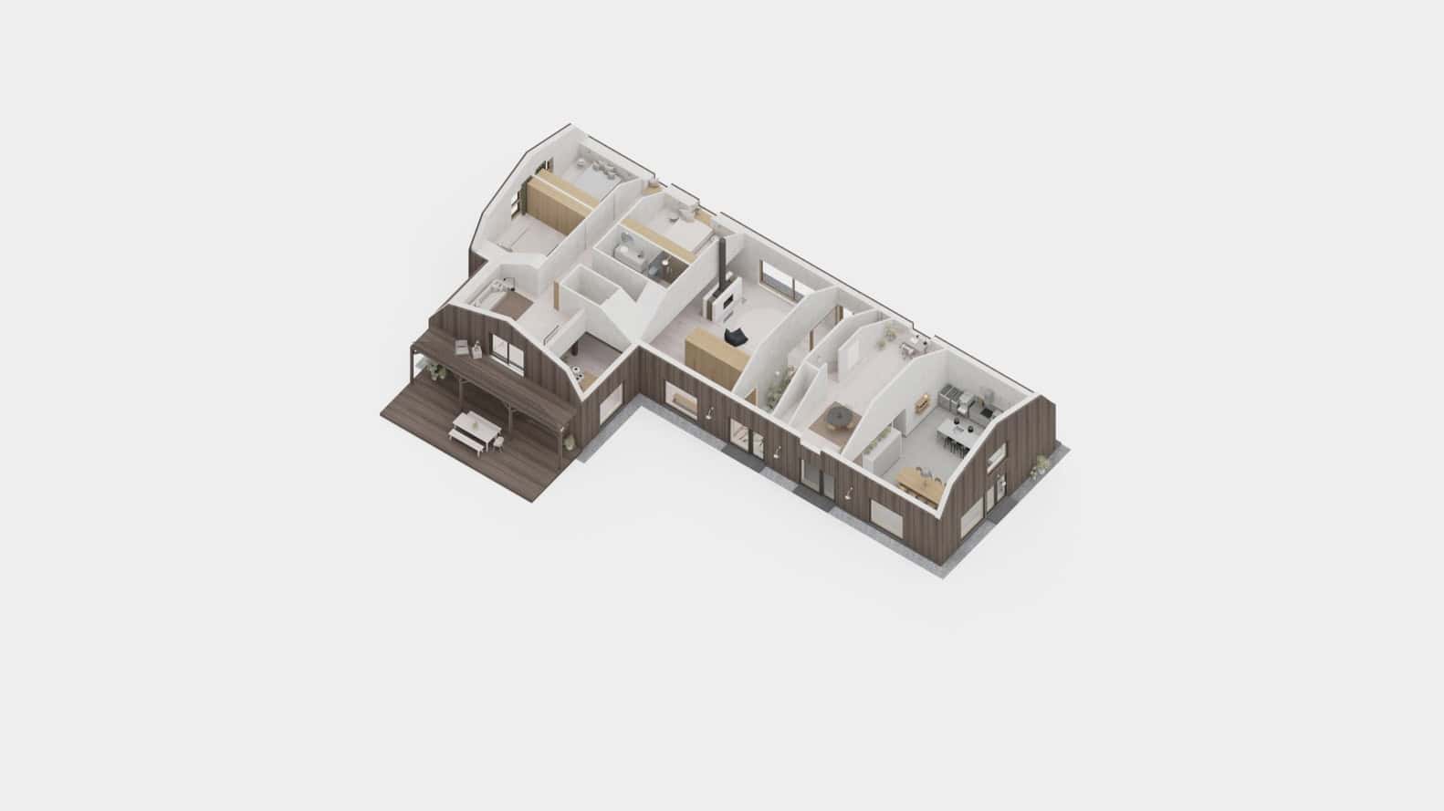 Contemporary house floor plan with modern interior design elements and spacious living areas.