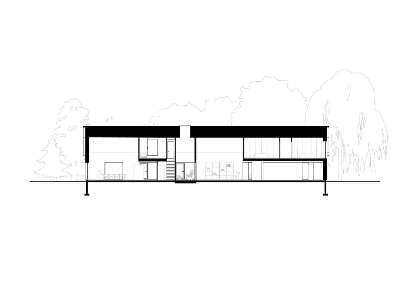 Modern architectural house cross-section blueprint, featuring sleek design elements, open-plan interiors, large windows, and innovative construction materials, perfect for contemporary home design fans.