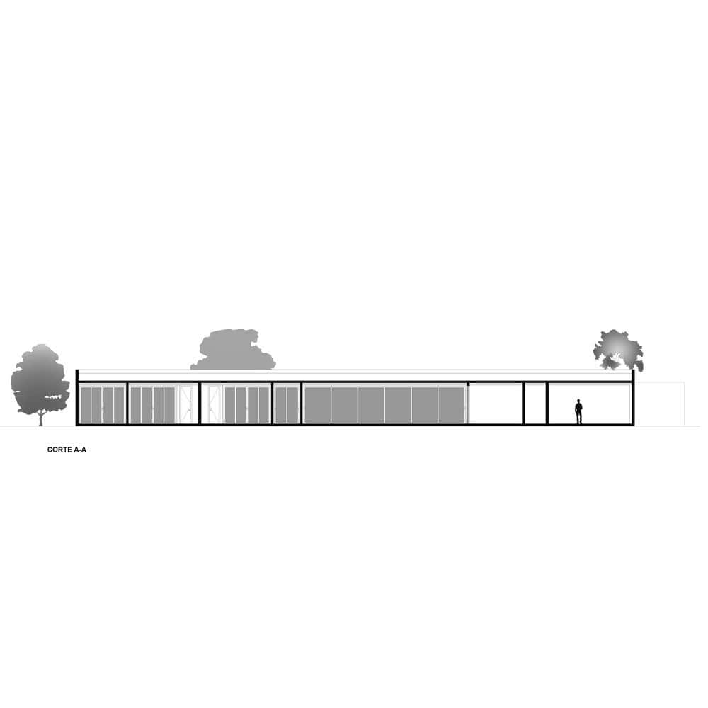 MCZ House Section A–A by NIU Arquitetura e Construção MCZ House by NIU Arquitetura e Construção — longitudinal section A–A, Cristais Paulista, São Paulo, Brazil