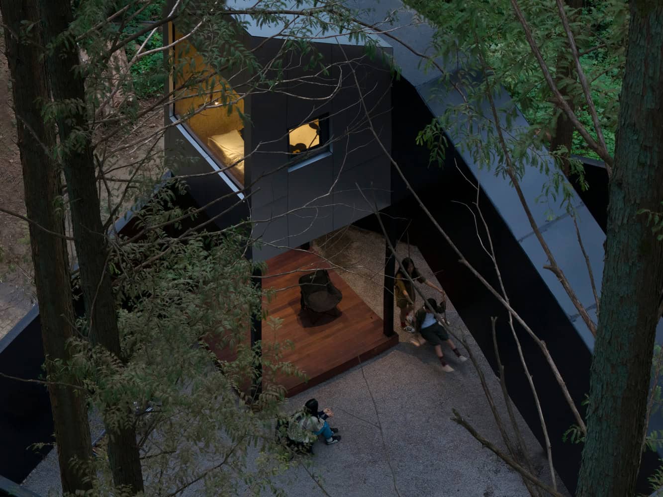Merryda Wiki World-Secret Camp Black Cabin Aerial Courtyard by Wiki World + Advanced Architecture Lab Aerial view of black cabin and courtyard at Merryda Wiki World-Secret Camp by Wiki World + Advanced Architecture Lab in China