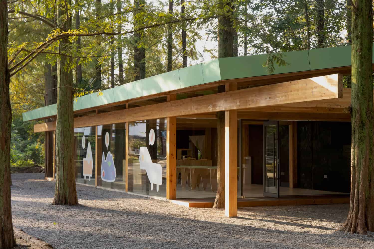 Merryda Wiki World-Secret Camp Evolution of Birds Pavilion Corner Detail by Wiki World + Advanced Architecture Lab Corner detail of Evolution of Birds pavilion at Merryda Wiki World-Secret Camp by Wiki World + Advanced Architecture Lab with timber structure and glass in China