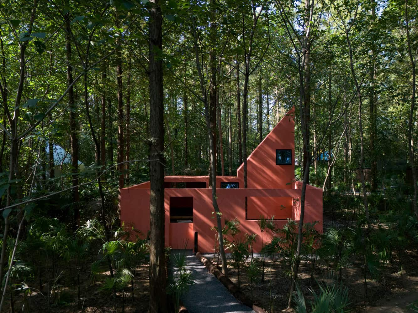 Merryda Wiki World-Secret Camp Pink Cabin Front Elevation by Wiki World + Advanced Architecture Lab Front elevation of pink cabin ensemble at Merryda Wiki World-Secret Camp by Wiki World + Advanced Architecture Lab in China