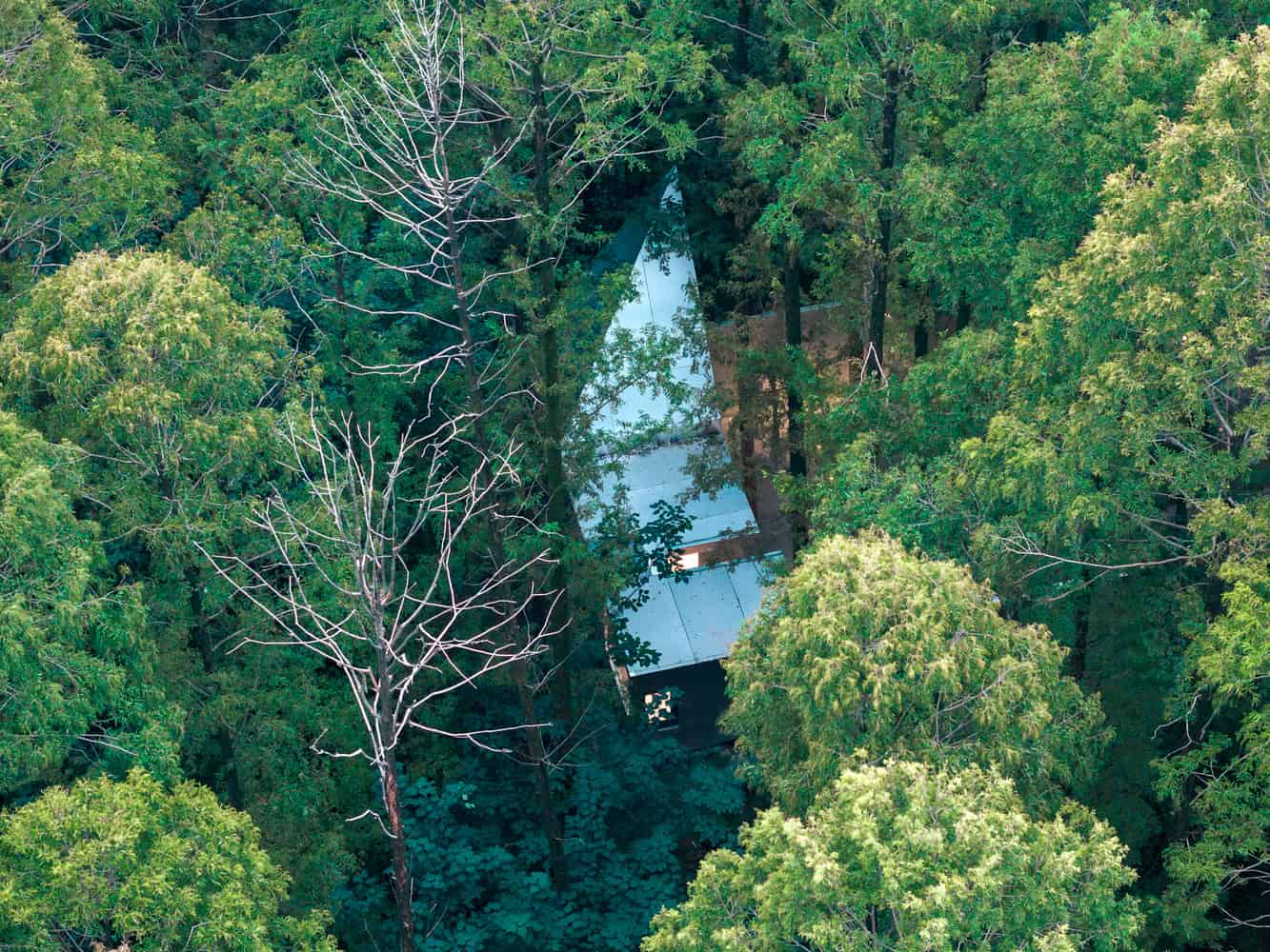 Merryda Wiki World-Secret Camp Silver Cabin Aerial Forest by Wiki World + Advanced Architecture Lab Aerial view of silver-roofed cabin at Merryda Wiki World-Secret Camp by Wiki World + Advanced Architecture Lab surrounded by forest in China