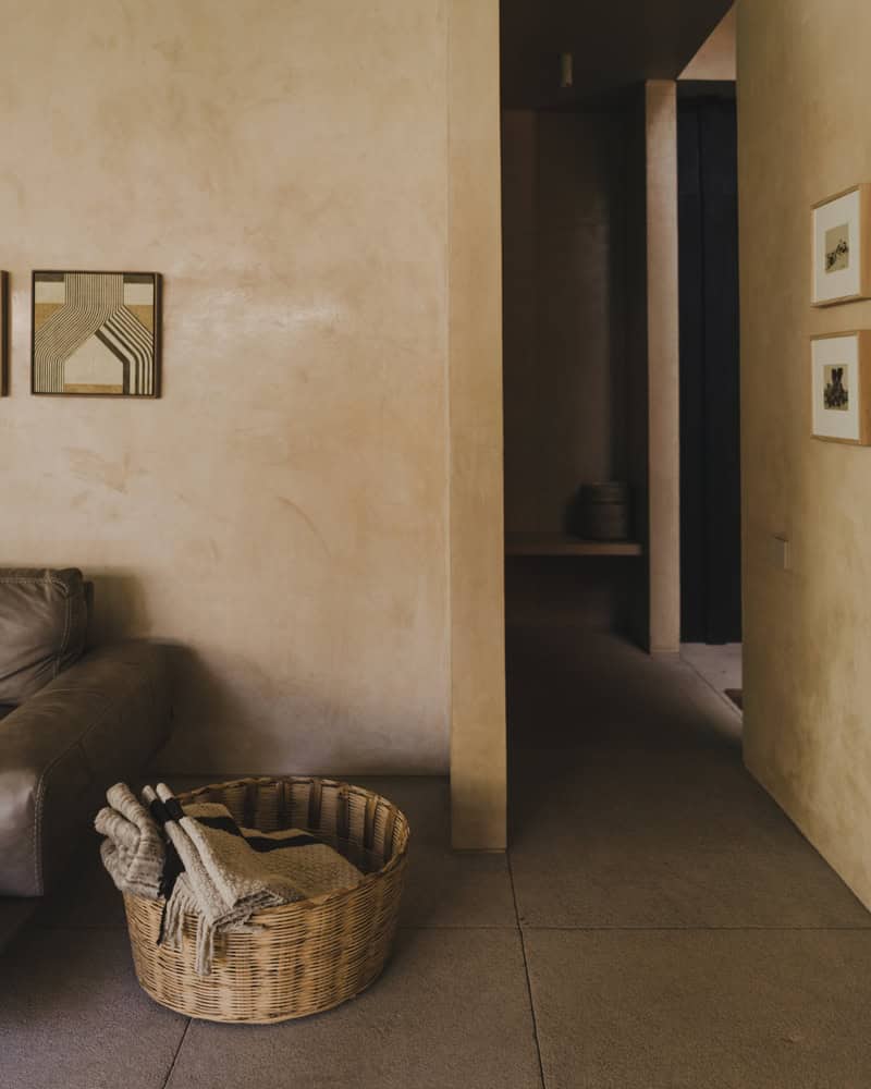 Ocote House by PPAA, hallway nook with basket, Mexico