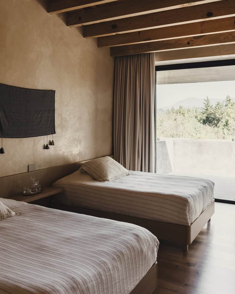 Ocote House by PPAA, twin bedroom with terrace view, Mexico
