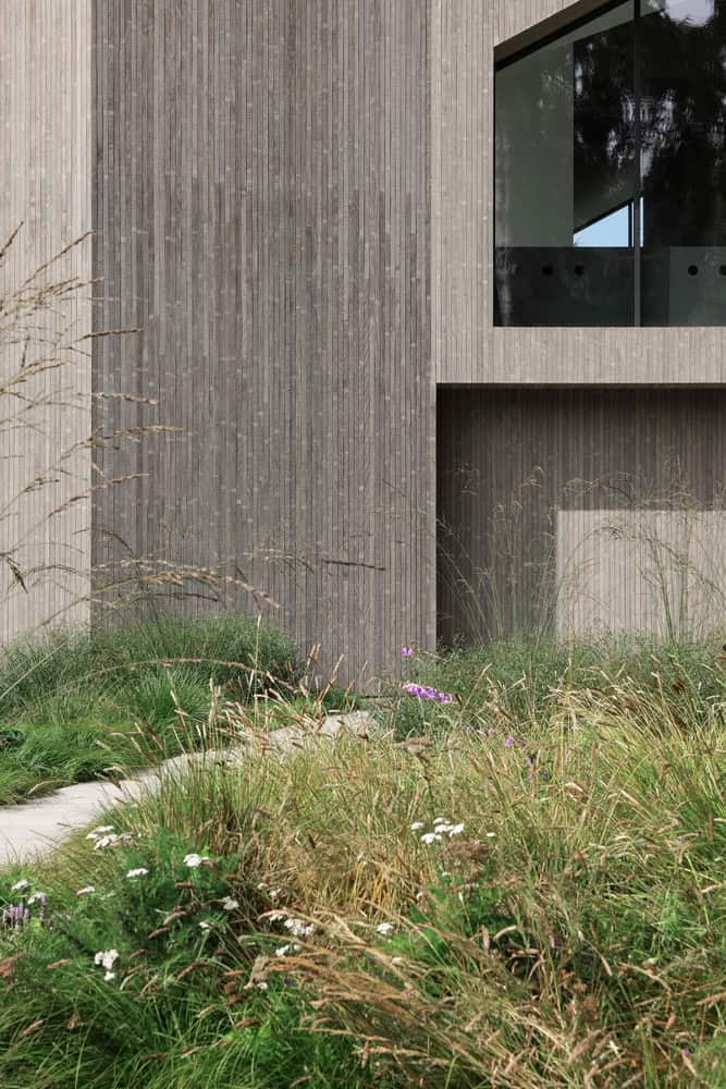 Re-folded House by McLeod Bovell Modern Houses, façade and meadow path detail, Vancouver