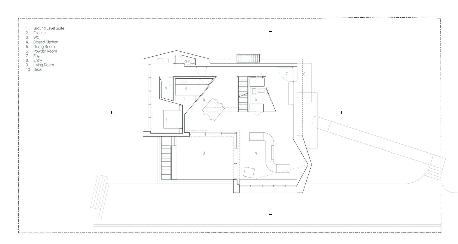 Re-folded House main floor plan with suite, kitchen, dining, living, Vancouver