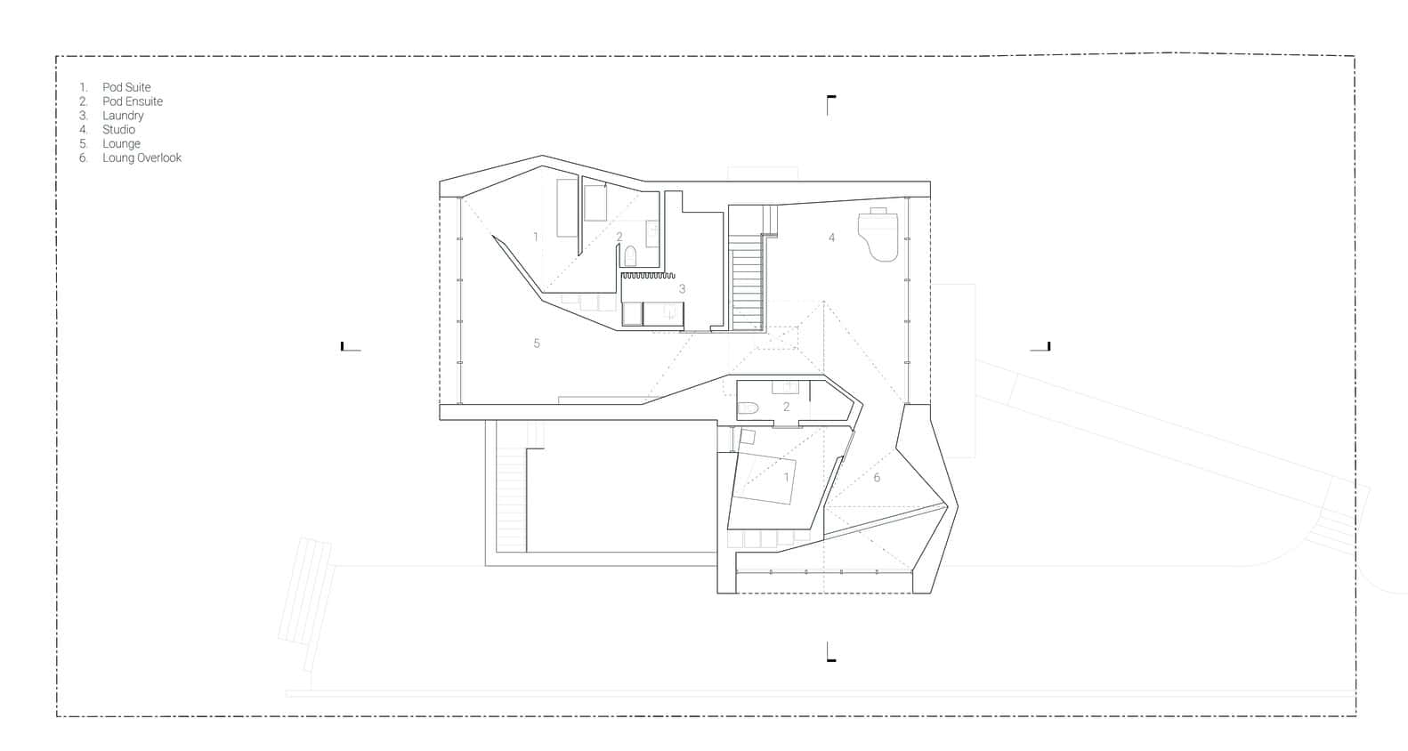 Re-folded House second floor plan with pod suite, studio, lounge, Vancouver