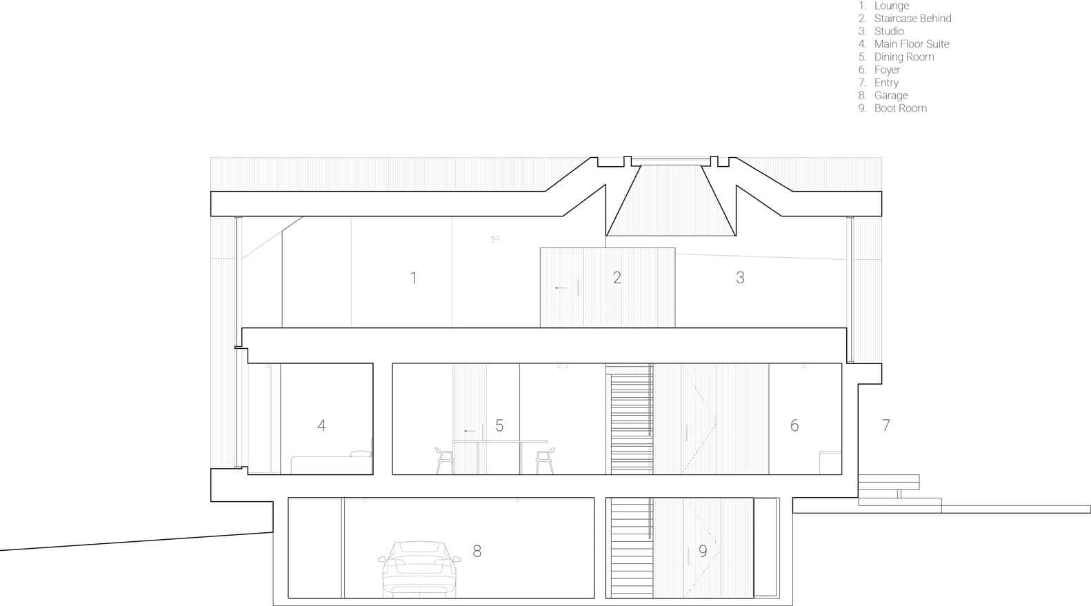Modern architectural house floor plan with multiple levels and spaces including living areas, garage, and staircases, showcasing innovative home design and contemporary architecture art.