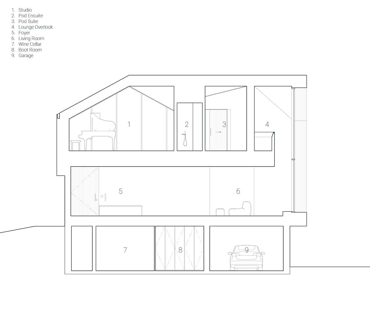Modern architectural house blueprint with detailed room layout, including living spaces, wine cellar, garage, and bedrooms, showcasing innovative home design and floor plan architecture.