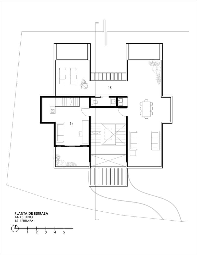 Rooftop terrace plan of The Sierra House by Valdez Arquitectos showing outdoor dining, studio, and open-air areas