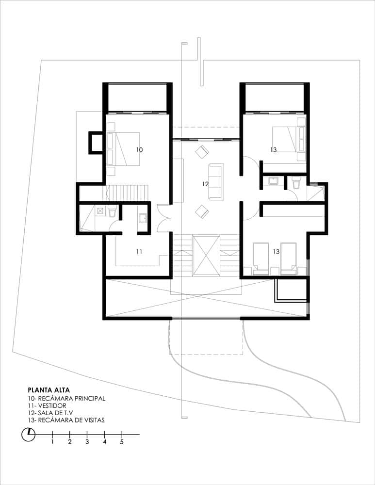 Upper level floor plan of The Sierra House by Valdez Arquitectos with guest bedrooms, TV room, and circulation layout