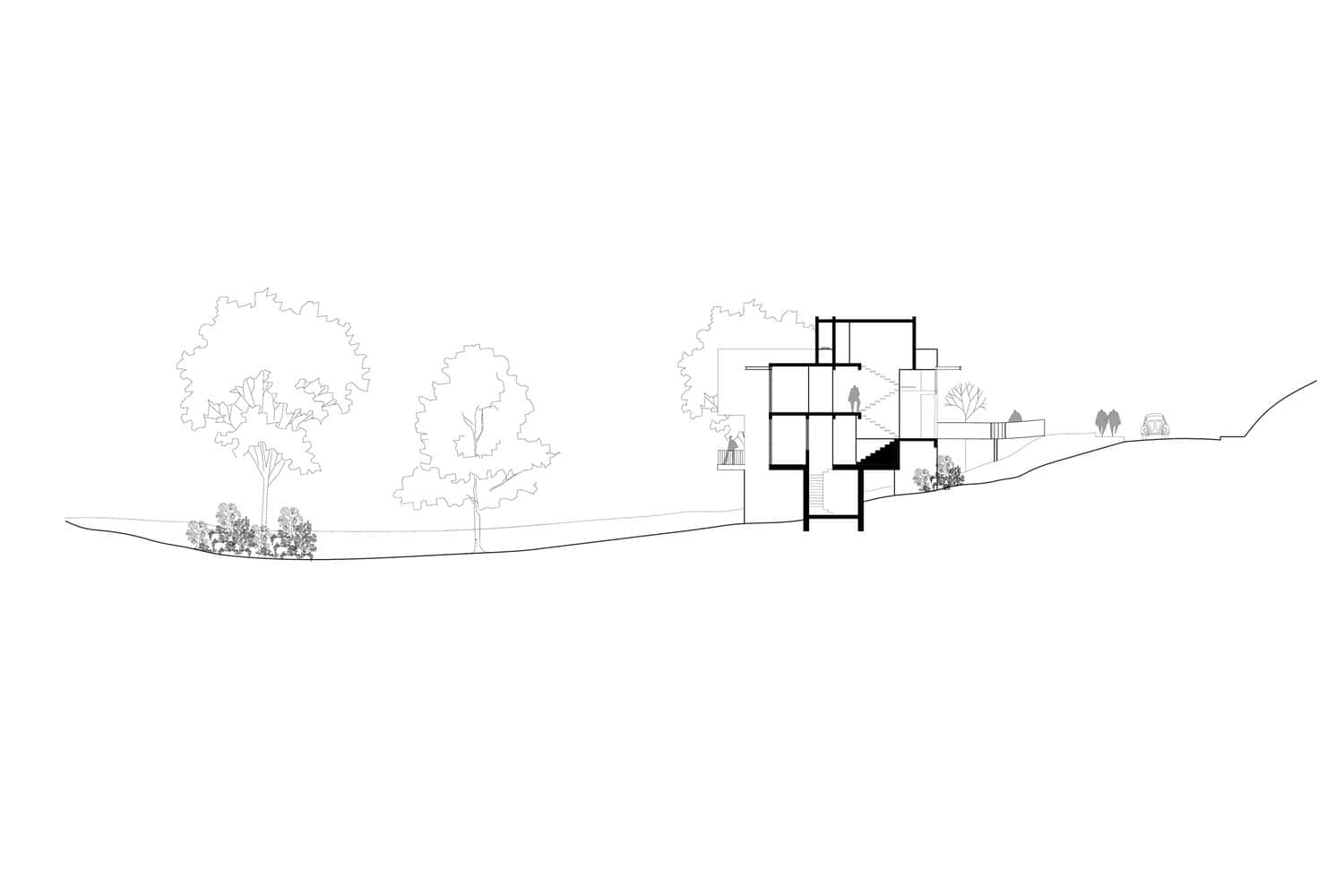 Modern house section drawing with multi-level design, landscaped outdoor space, and artistic architectural elements, showcasing innovative architecture and contemporary home interior design.