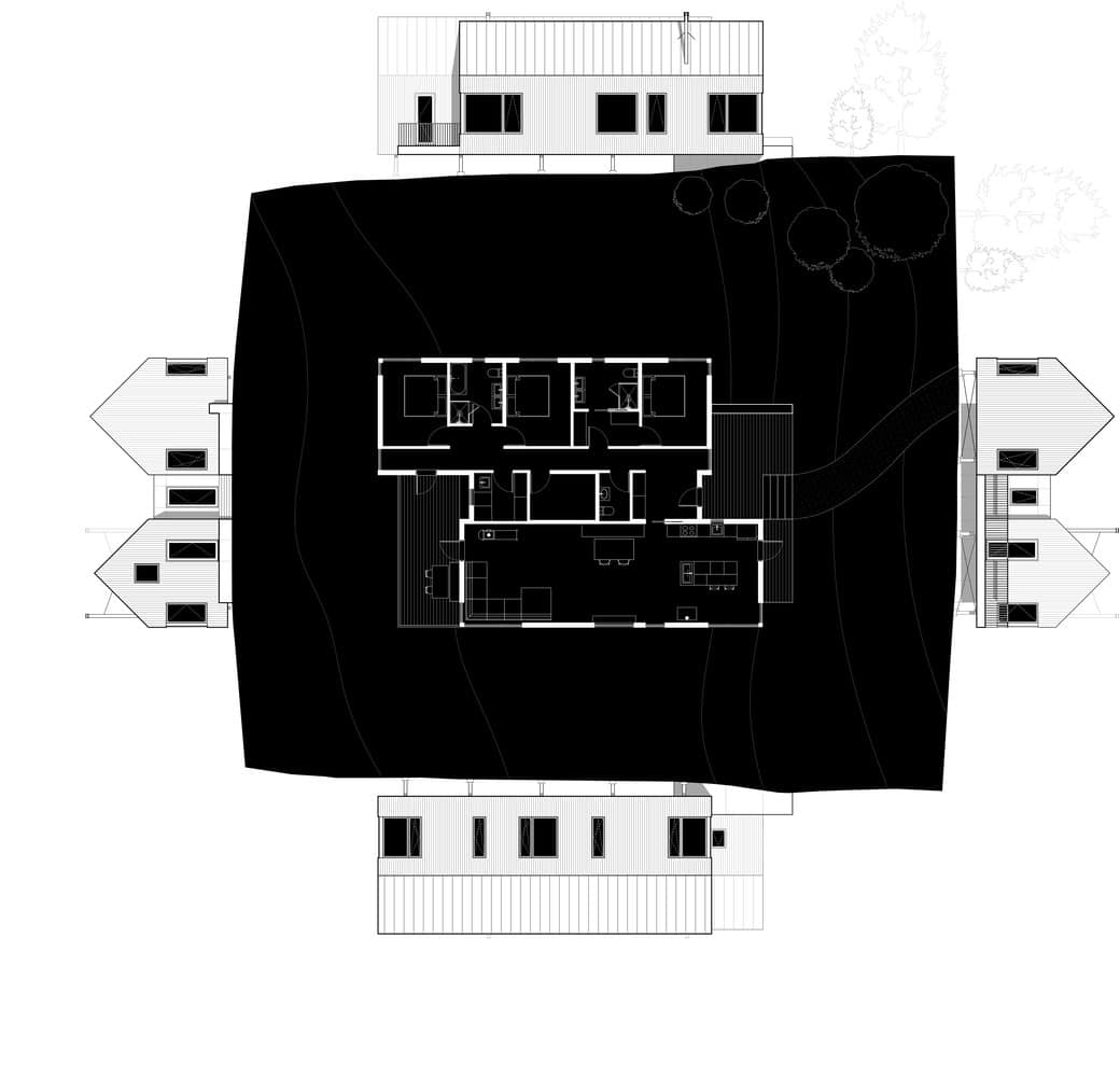 Aerial view of modern house floor plan architectural design showcasing innovative layouts and sustainable structure.