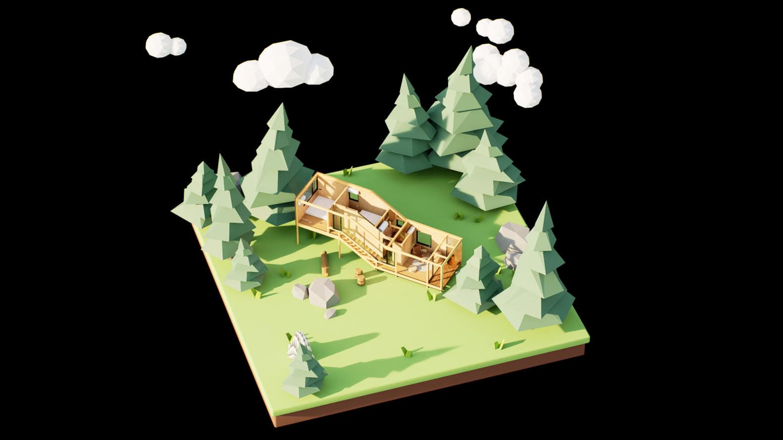 Merryda Wiki world-Secret Camp / Wiki World + Advanced Architecture Lab / China Modern wooden tiny house in a forest setting with pine trees and clouds, eco-friendly architecture, and innovative small home design.