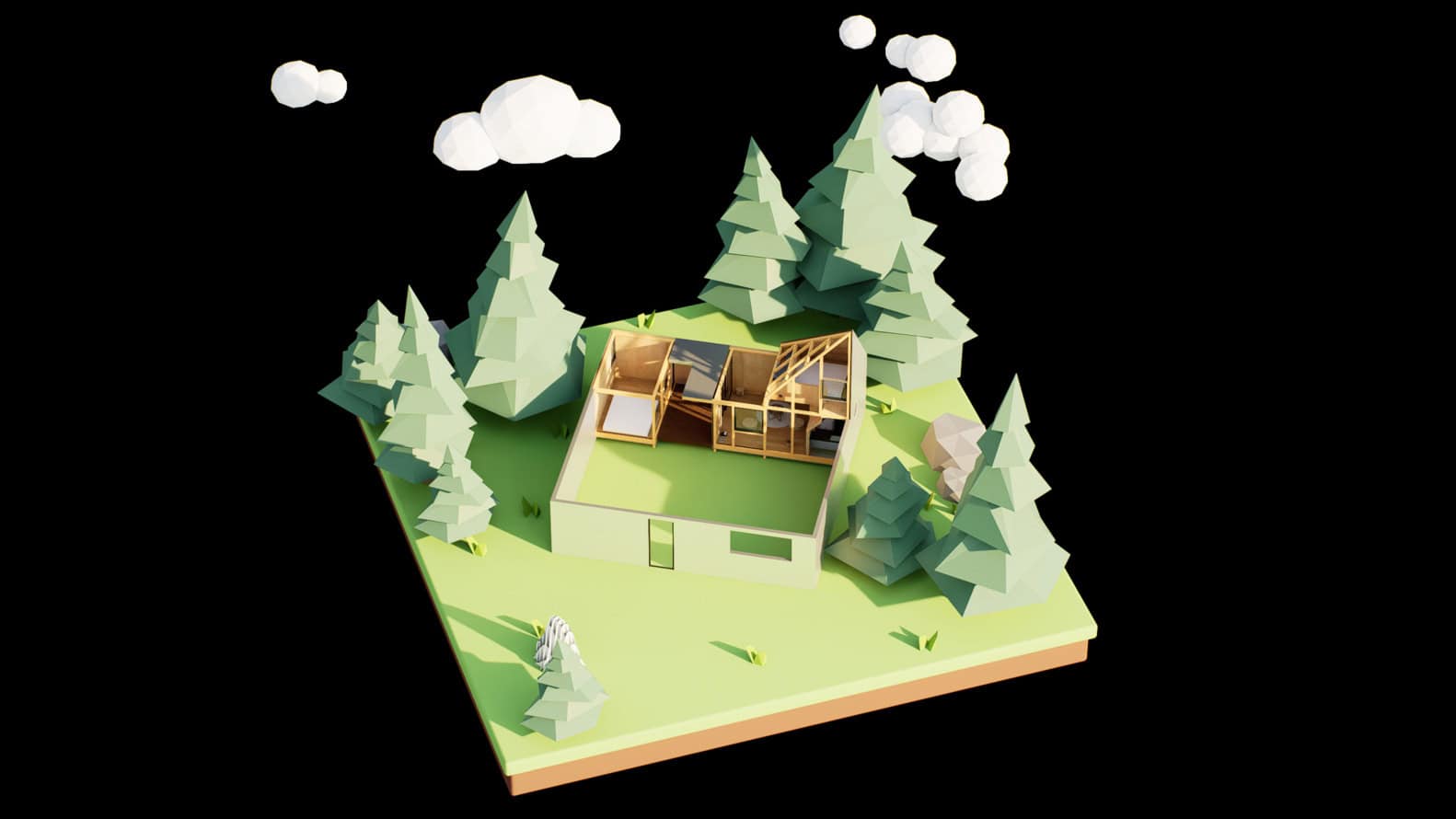 Merryda Wiki world-Secret Camp / Wiki World + Advanced Architecture Lab / China Modern architectural house model with wooden framing surrounded by pine trees in a miniature landscape.