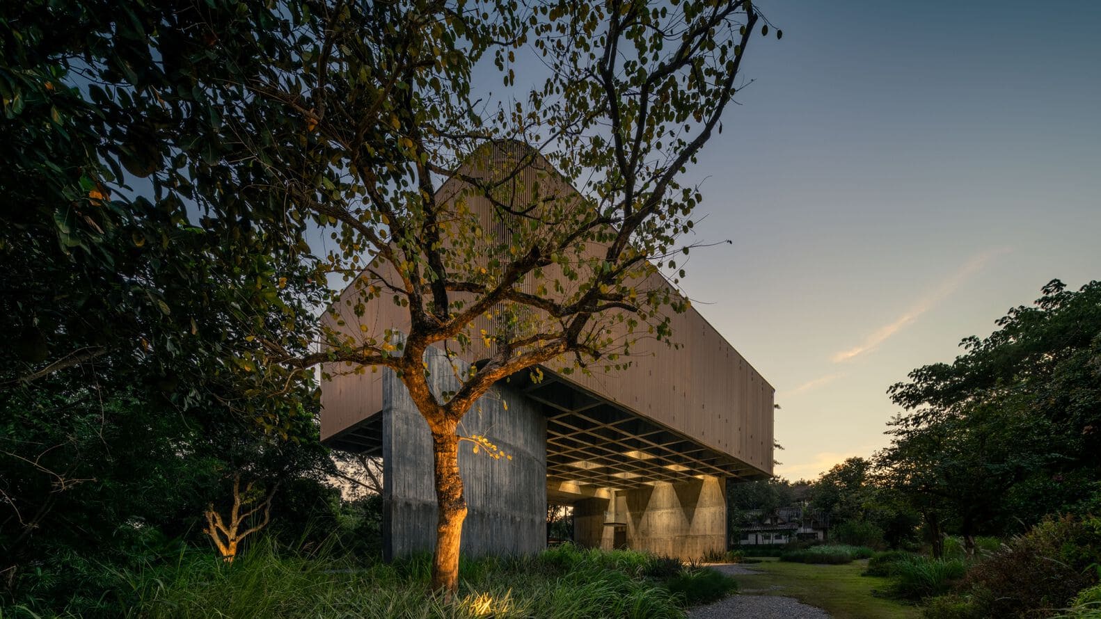 W House II by IDIN Architects, twilight elevated exterior in Thailand