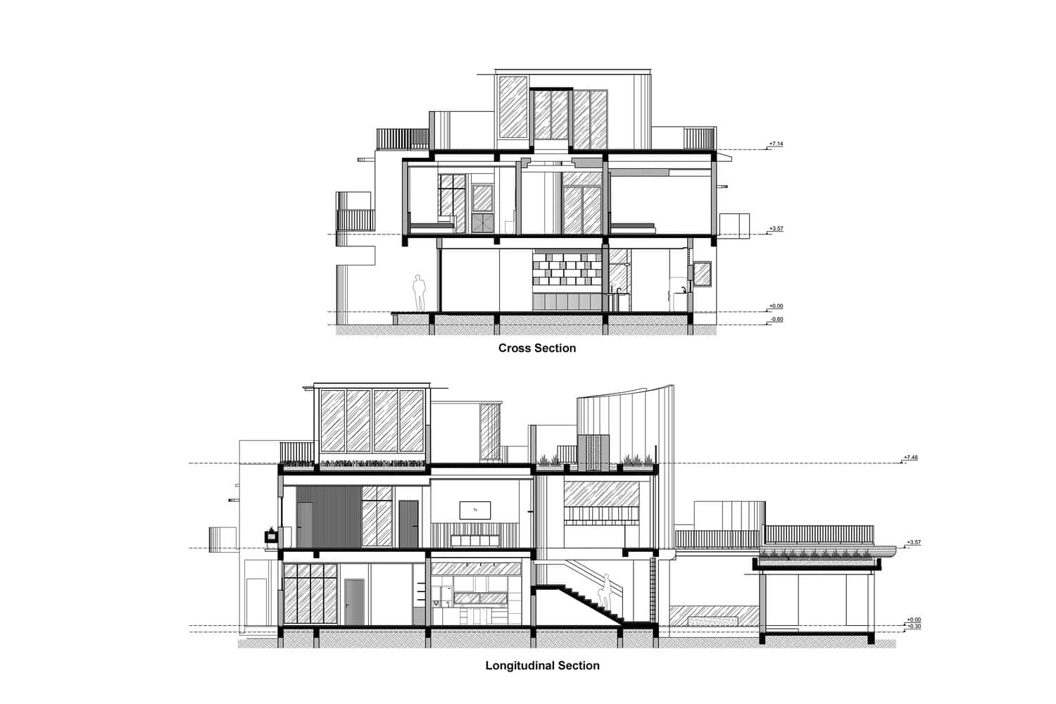 Cross and longitudinal sections of Wat Bo House by UAD Architects in Cambodia