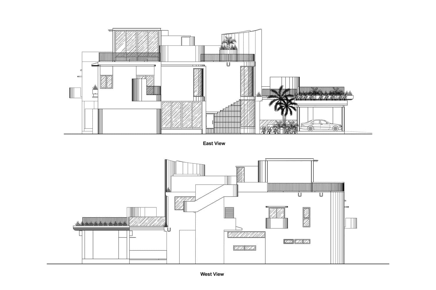 East and west elevations of Wat Bo House by UAD Architects in Cambodia