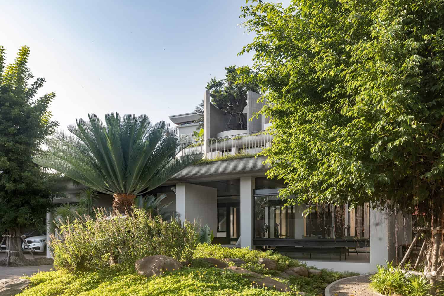 Wat Bo House by UAD Architects garden elevation with large palm in the foreground in Cambodia