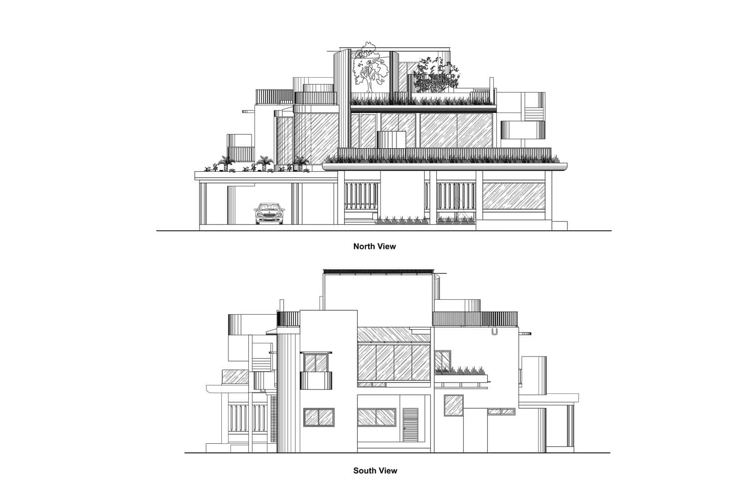 North and south elevations of Wat Bo House by UAD Architects in Cambodia