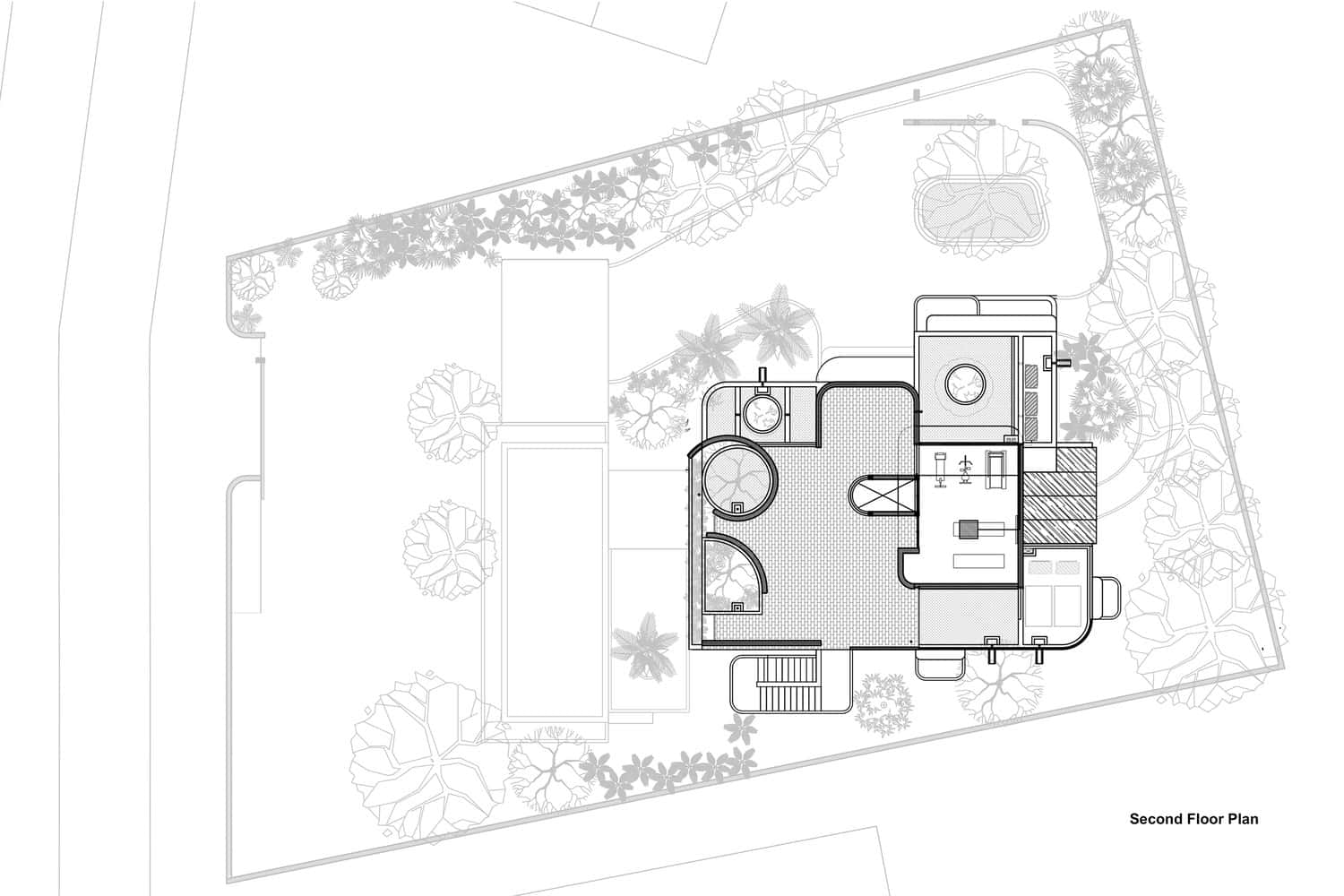Second floor plan of Wat Bo House by UAD Architects in Cambodia