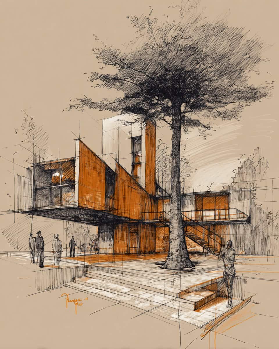 Architectural sketch of modern house concept with elevated volumes and central tree courtyard